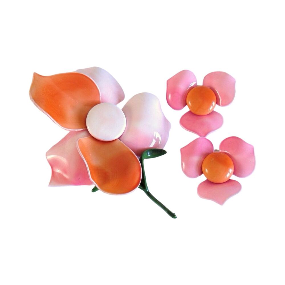Vintage 1960s Pink and Orange Plastic Enamel Brooch and Earrings Set